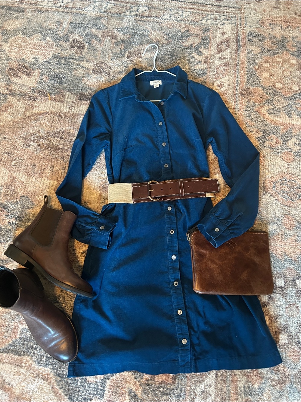 J. Crew Deep Blue fine corduroy Long-Sleeve Button-Up Dress with Tie Belt. 0